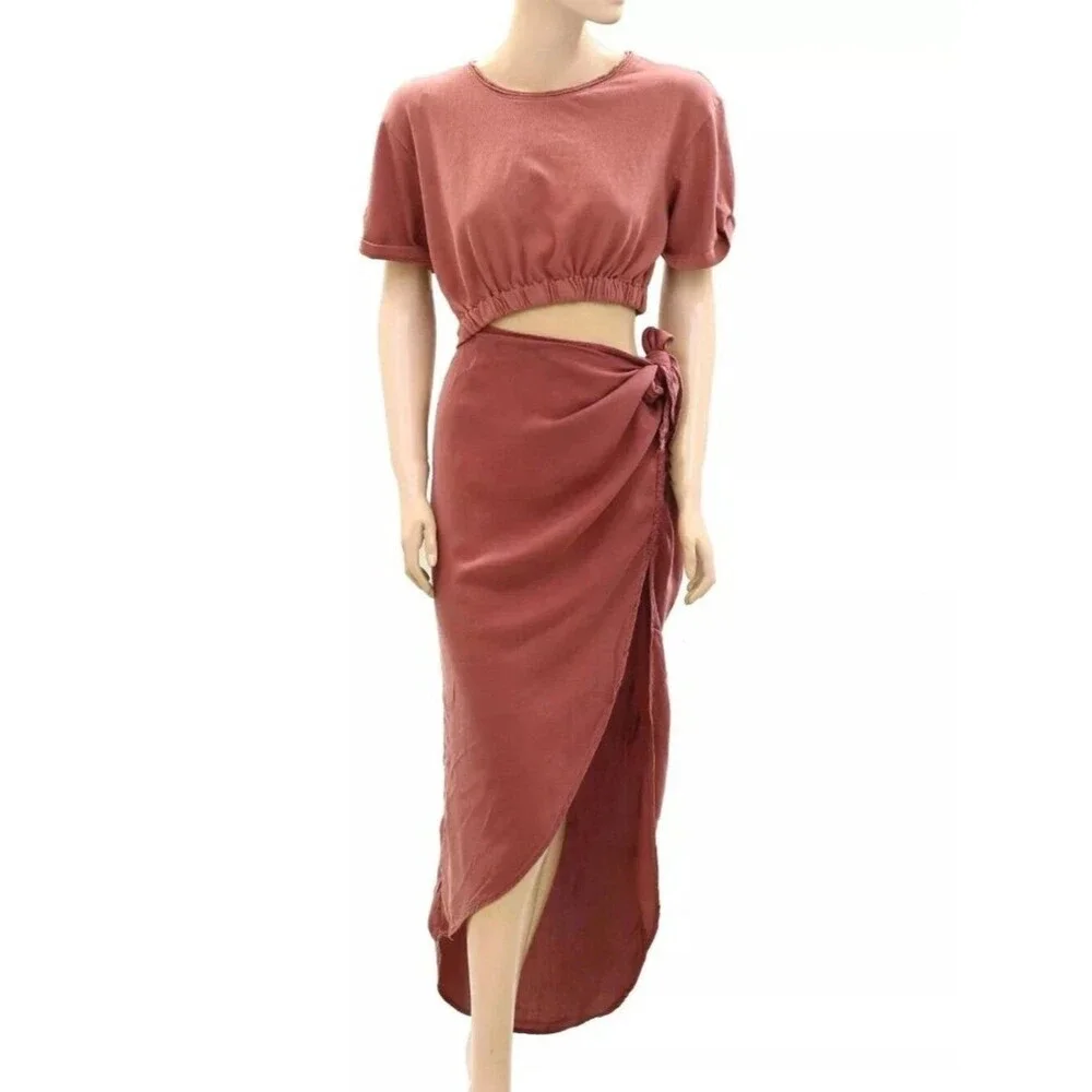 Free People Rae Maxi Dress Redwood Effortless Cutout Wrap Resort Solid S 290333